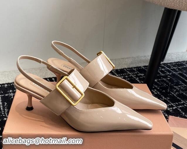 Cheap Price Miu Miu Patent Leather Slingback Pumps 5.5cm with Buckle Beige 507075