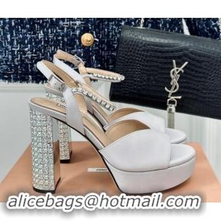 Buy Luxury Miu Miu Satin Platform Sandals 11cm with Strass Light Grey 507078