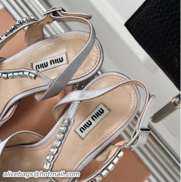 Buy Luxury Miu Miu Satin Platform Sandals 11cm with Strass Light Grey 507078