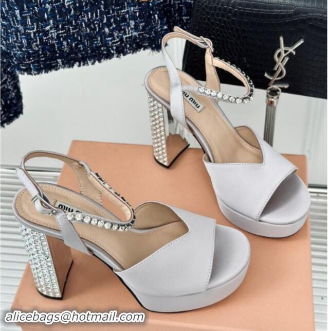 Buy Luxury Miu Miu Satin Platform Sandals 11cm with Strass Light Grey 507078