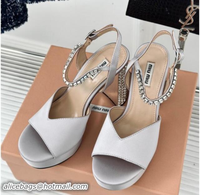 Buy Luxury Miu Miu Satin Platform Sandals 11cm with Strass Light Grey 507078