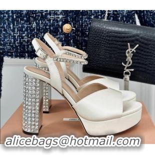 Luxury Discount Miu Miu Satin Platform Sandals 11cm with Strass White 507079