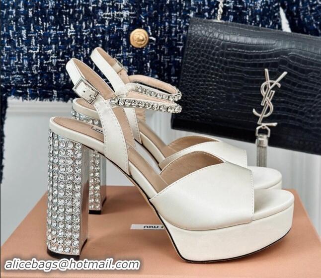 Luxury Discount Miu Miu Satin Platform Sandals 11cm with Strass White 507079