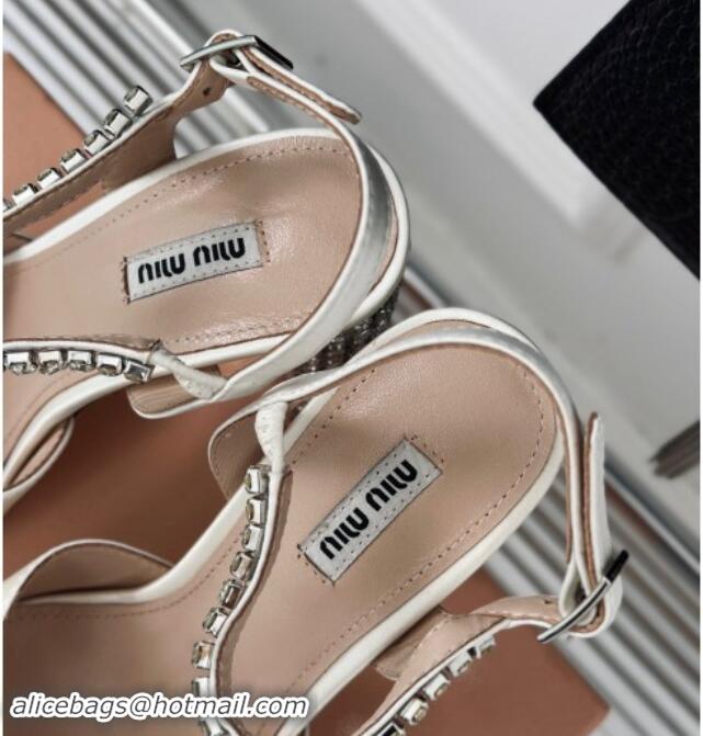 Luxury Discount Miu Miu Satin Platform Sandals 11cm with Strass White 507079