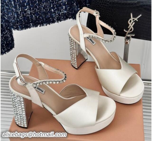 Luxury Discount Miu Miu Satin Platform Sandals 11cm with Strass White 507079