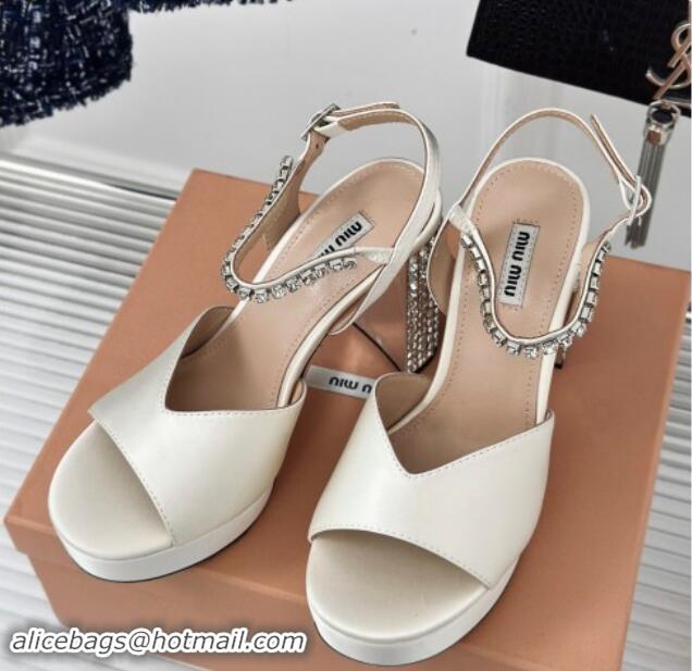 Luxury Discount Miu Miu Satin Platform Sandals 11cm with Strass White 507079