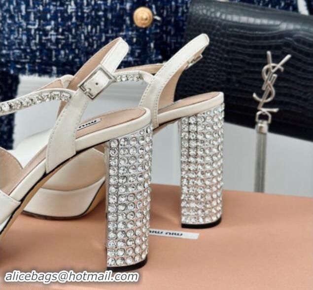 Luxury Discount Miu Miu Satin Platform Sandals 11cm with Strass White 507079