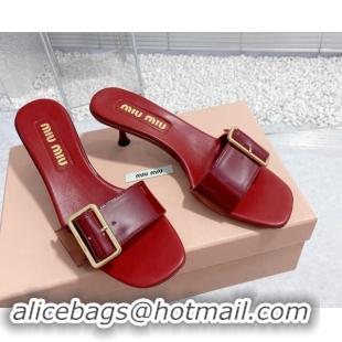 Grade Quality Miu Miu Shiny Calfskin Heel Slide Sandals 5.5cm with Buckle Burgundy 611015