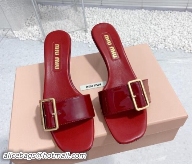 Grade Quality Miu Miu Shiny Calfskin Heel Slide Sandals 5.5cm with Buckle Burgundy 611015