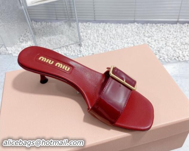 Grade Quality Miu Miu Shiny Calfskin Heel Slide Sandals 5.5cm with Buckle Burgundy 611015