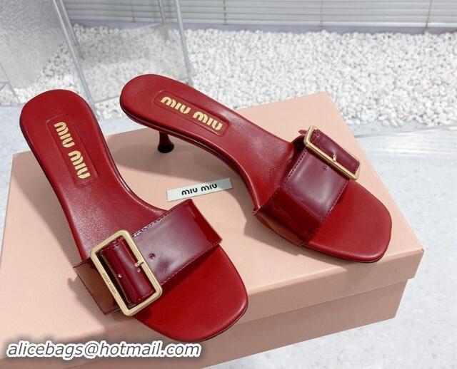 Grade Quality Miu Miu Shiny Calfskin Heel Slide Sandals 5.5cm with Buckle Burgundy 611015