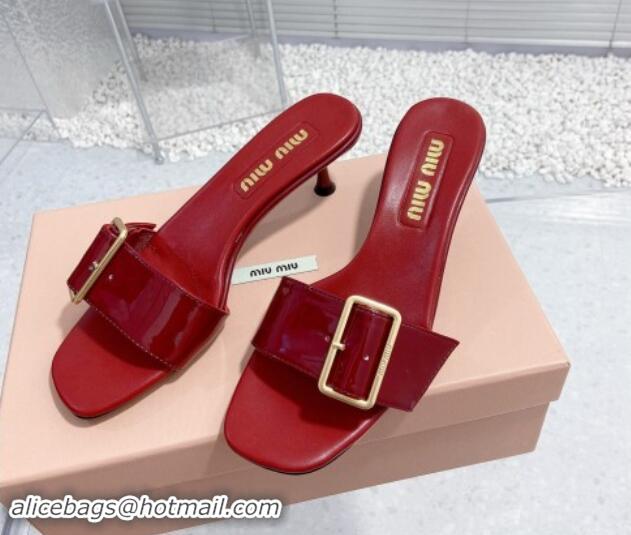 Grade Quality Miu Miu Shiny Calfskin Heel Slide Sandals 5.5cm with Buckle Burgundy 611015