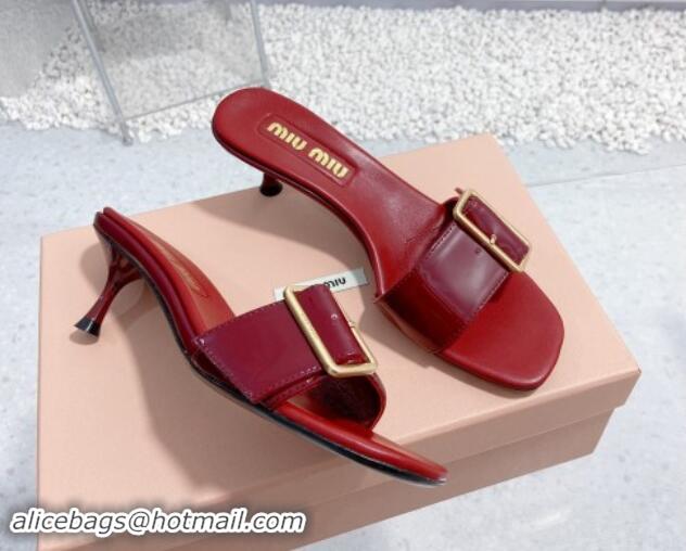 Grade Quality Miu Miu Shiny Calfskin Heel Slide Sandals 5.5cm with Buckle Burgundy 611015