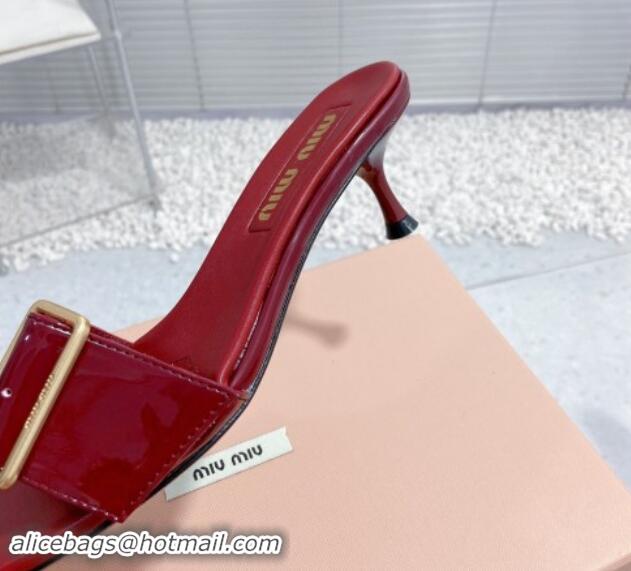 Grade Quality Miu Miu Shiny Calfskin Heel Slide Sandals 5.5cm with Buckle Burgundy 611015