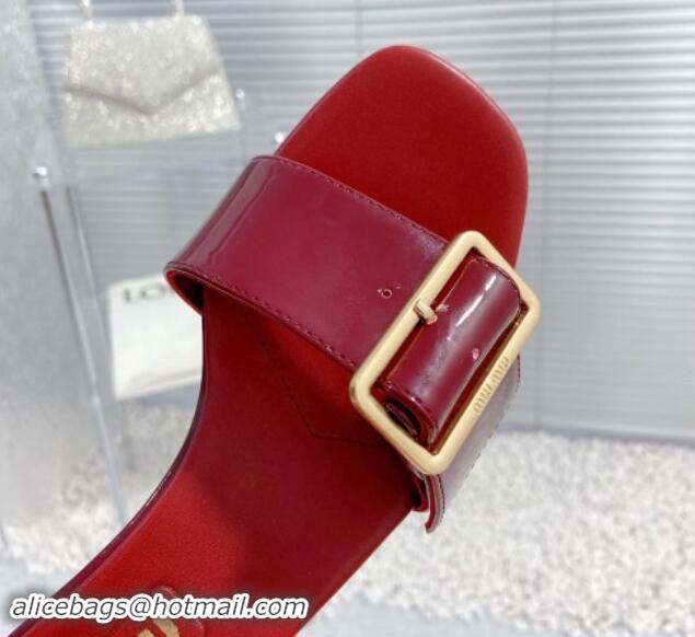 Grade Quality Miu Miu Shiny Calfskin Heel Slide Sandals 5.5cm with Buckle Burgundy 611015