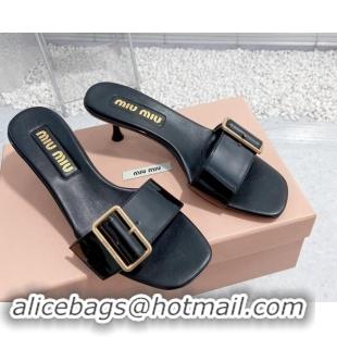 Good Looking Miu Miu Shiny Calfskin Heel Slide Sandals 5.5cm with Buckle Black 611016