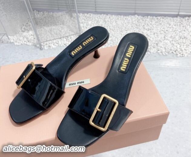 Good Looking Miu Miu Shiny Calfskin Heel Slide Sandals 5.5cm with Buckle Black 611016