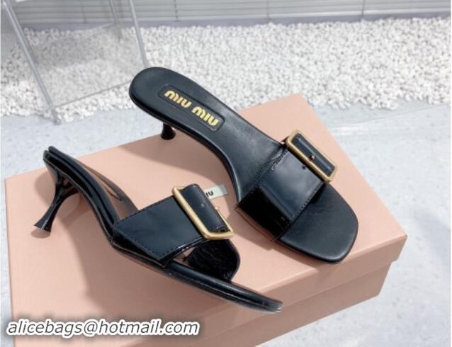 Good Looking Miu Miu Shiny Calfskin Heel Slide Sandals 5.5cm with Buckle Black 611016