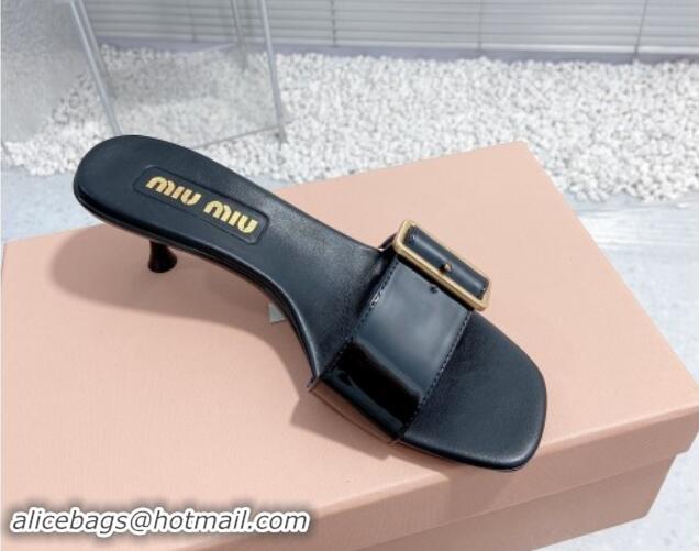 Good Looking Miu Miu Shiny Calfskin Heel Slide Sandals 5.5cm with Buckle Black 611016