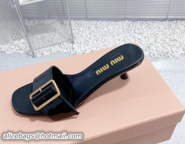 Good Looking Miu Miu Shiny Calfskin Heel Slide Sandals 5.5cm with Buckle Black 611016