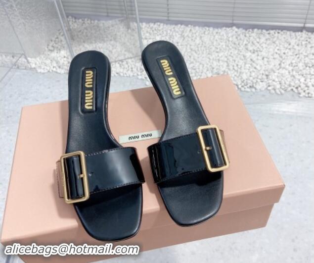 Good Looking Miu Miu Shiny Calfskin Heel Slide Sandals 5.5cm with Buckle Black 611016