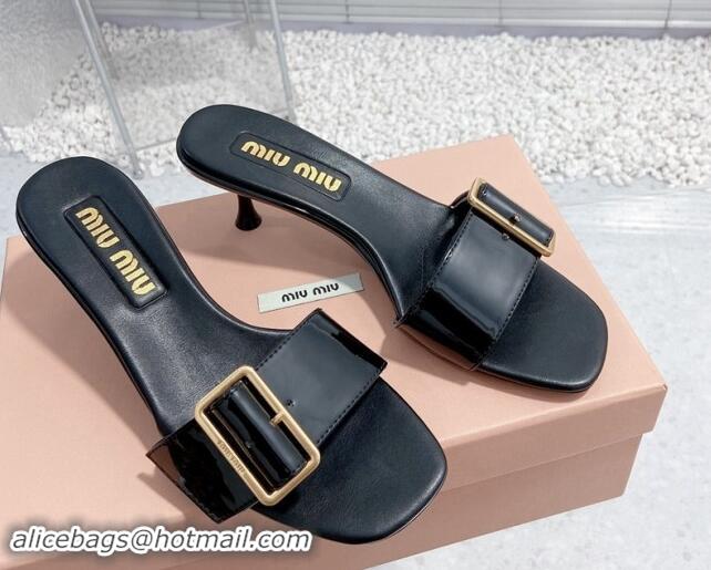 Good Looking Miu Miu Shiny Calfskin Heel Slide Sandals 5.5cm with Buckle Black 611016