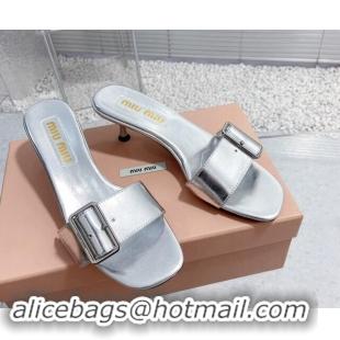 Popular Style Miu Miu Shiny Calfskin Heel Slide Sandals 5.5cm with Buckle Silver 611017