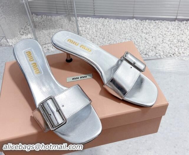 Popular Style Miu Miu Shiny Calfskin Heel Slide Sandals 5.5cm with Buckle Silver 611017