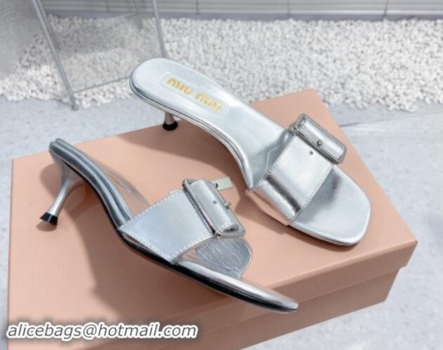 Popular Style Miu Miu Shiny Calfskin Heel Slide Sandals 5.5cm with Buckle Silver 611017