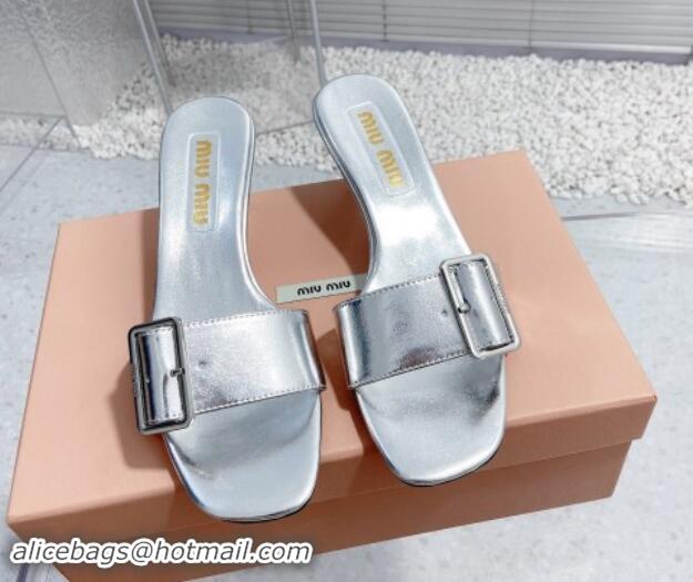 Popular Style Miu Miu Shiny Calfskin Heel Slide Sandals 5.5cm with Buckle Silver 611017