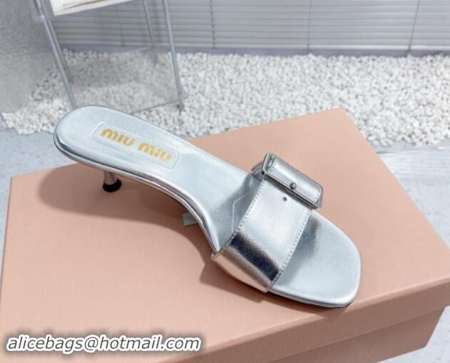 Popular Style Miu Miu Shiny Calfskin Heel Slide Sandals 5.5cm with Buckle Silver 611017