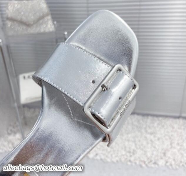 Popular Style Miu Miu Shiny Calfskin Heel Slide Sandals 5.5cm with Buckle Silver 611017