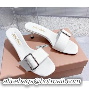 Trendy Design Miu Miu Shiny Calfskin Heel Slide Sandals 5.5cm with Buckle White 611018