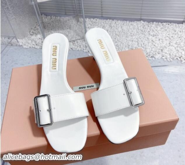 Trendy Design Miu Miu Shiny Calfskin Heel Slide Sandals 5.5cm with Buckle White 611018