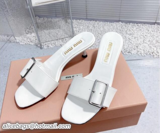 Trendy Design Miu Miu Shiny Calfskin Heel Slide Sandals 5.5cm with Buckle White 611018