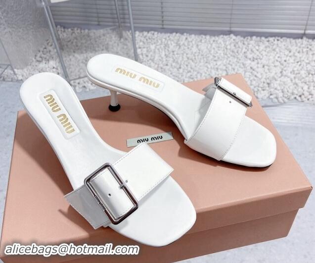 Trendy Design Miu Miu Shiny Calfskin Heel Slide Sandals 5.5cm with Buckle White 611018