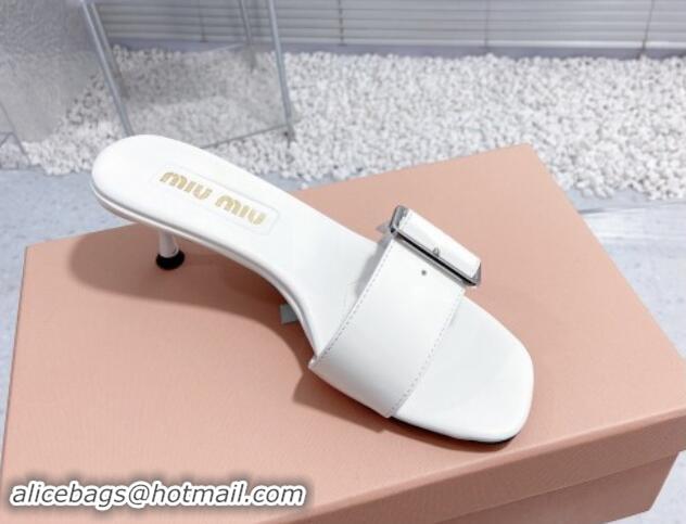 Trendy Design Miu Miu Shiny Calfskin Heel Slide Sandals 5.5cm with Buckle White 611018