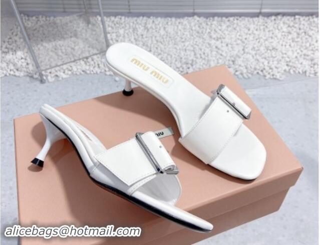 Trendy Design Miu Miu Shiny Calfskin Heel Slide Sandals 5.5cm with Buckle White 611018