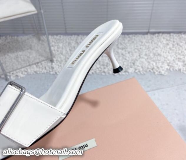 Trendy Design Miu Miu Shiny Calfskin Heel Slide Sandals 5.5cm with Buckle White 611018