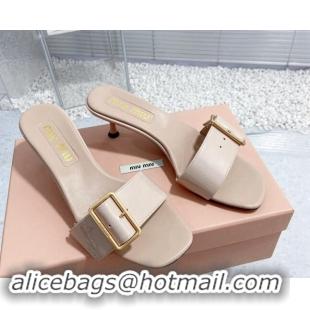 Sophisticated Miu Miu Shiny Calfskin Heel Slide Sandals 5.5cm with Buckle Nude 611019