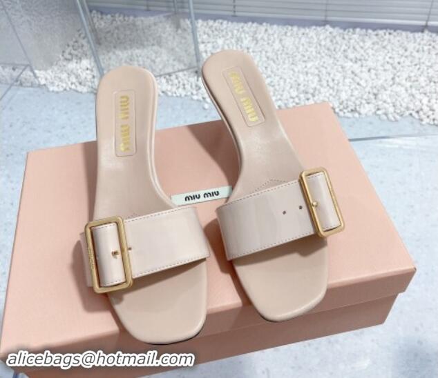 Sophisticated Miu Miu Shiny Calfskin Heel Slide Sandals 5.5cm with Buckle Nude 611019