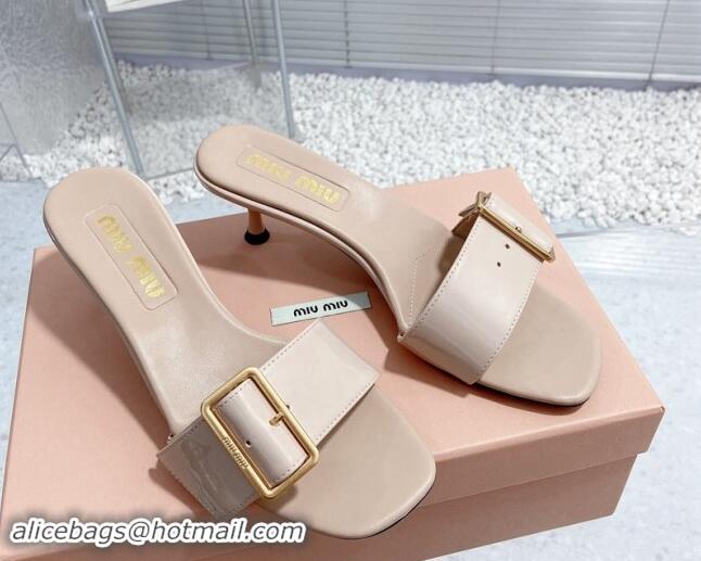 Sophisticated Miu Miu Shiny Calfskin Heel Slide Sandals 5.5cm with Buckle Nude 611019