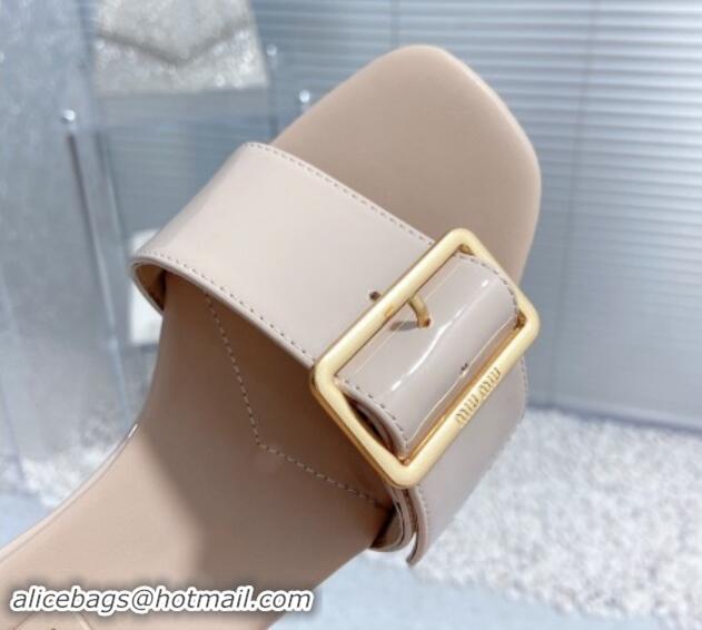 Sophisticated Miu Miu Shiny Calfskin Heel Slide Sandals 5.5cm with Buckle Nude 611019