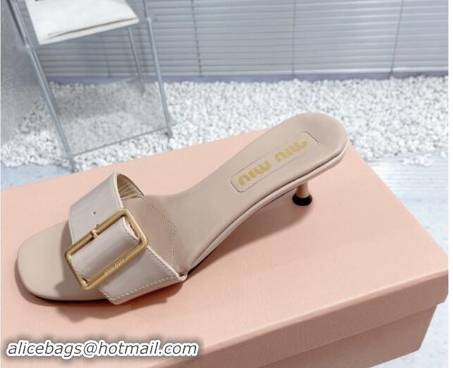 Sophisticated Miu Miu Shiny Calfskin Heel Slide Sandals 5.5cm with Buckle Nude 611019