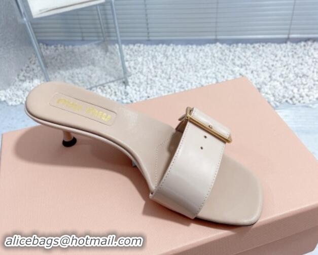 Sophisticated Miu Miu Shiny Calfskin Heel Slide Sandals 5.5cm with Buckle Nude 611019