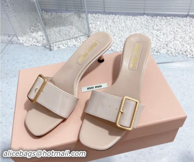 Sophisticated Miu Miu Shiny Calfskin Heel Slide Sandals 5.5cm with Buckle Nude 611019