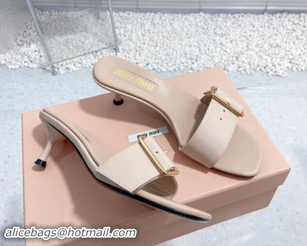 Sophisticated Miu Miu Shiny Calfskin Heel Slide Sandals 5.5cm with Buckle Nude 611019