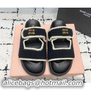 Good Quality Miu Miu Crochet knit Flat Slides Sandal Black 611020