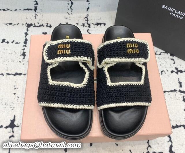 Good Quality Miu Miu Crochet knit Flat Slides Sandal Black 611020