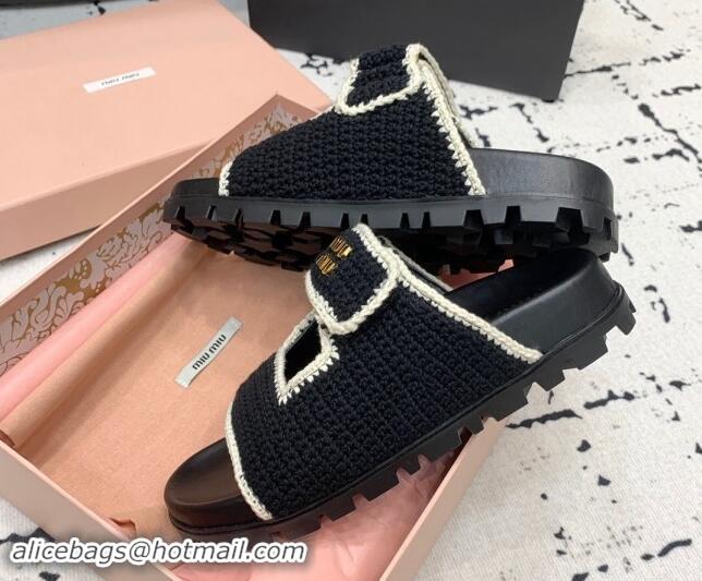 Good Quality Miu Miu Crochet knit Flat Slides Sandal Black 611020